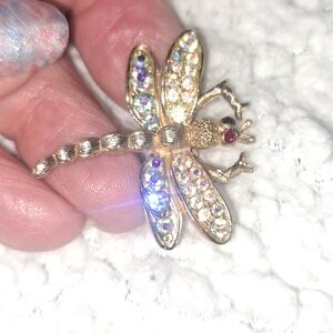 Vintage Dragonfly Brooch Gold  Tone Aurora Borealis Rhinestones Ruby Type Eyes